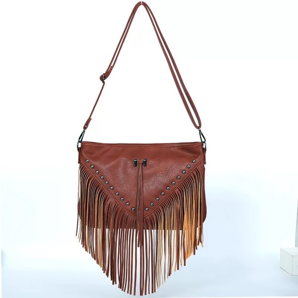 #72 Brown Vegan Faux Leather Messenger Shoulder Fringe Boho Western Bag